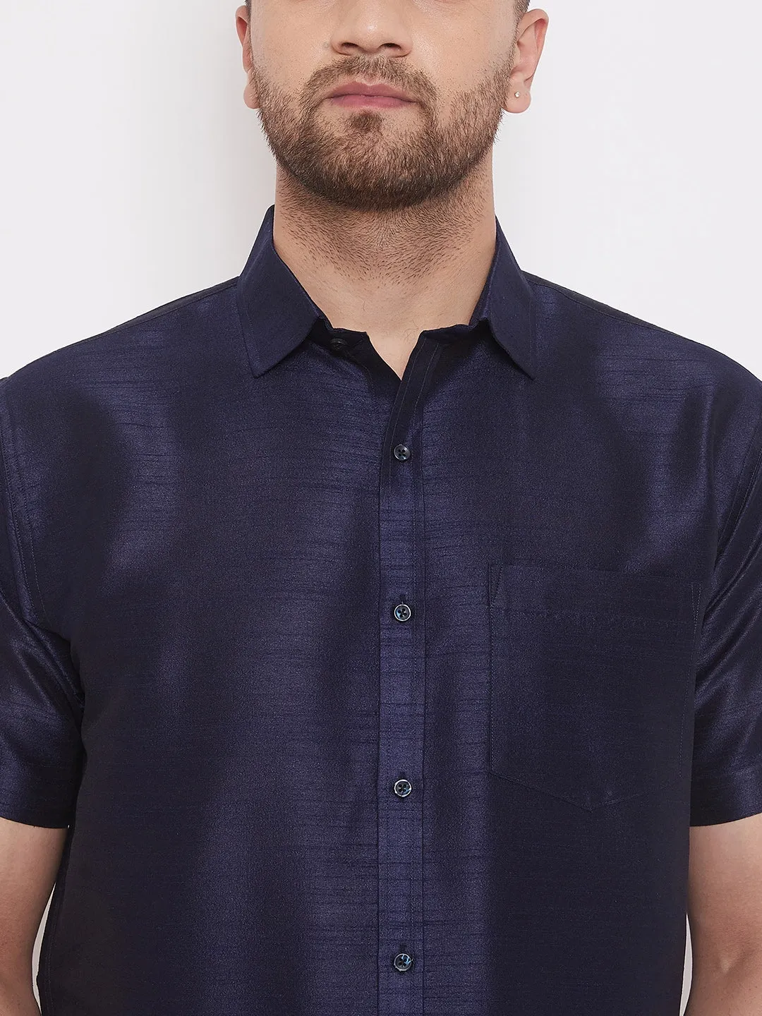 Men's Navy Blue And White Silk Blend Shirt And Mundu - Vastramay