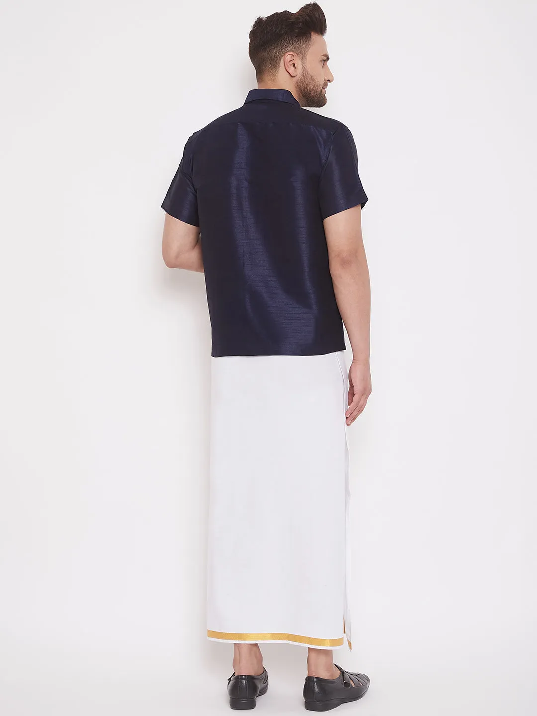 Men's Navy Blue And White Silk Blend Shirt And Mundu - Vastramay