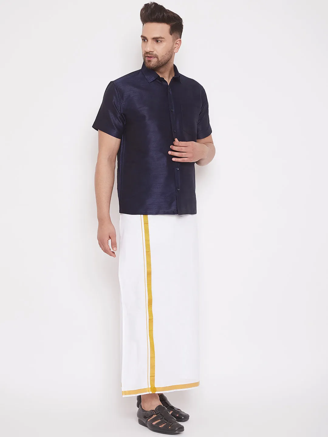 Men's Navy Blue And White Silk Blend Shirt And Mundu - Vastramay