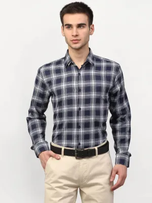 Men's Navy Blue Checked Formal Shirts - Taantav