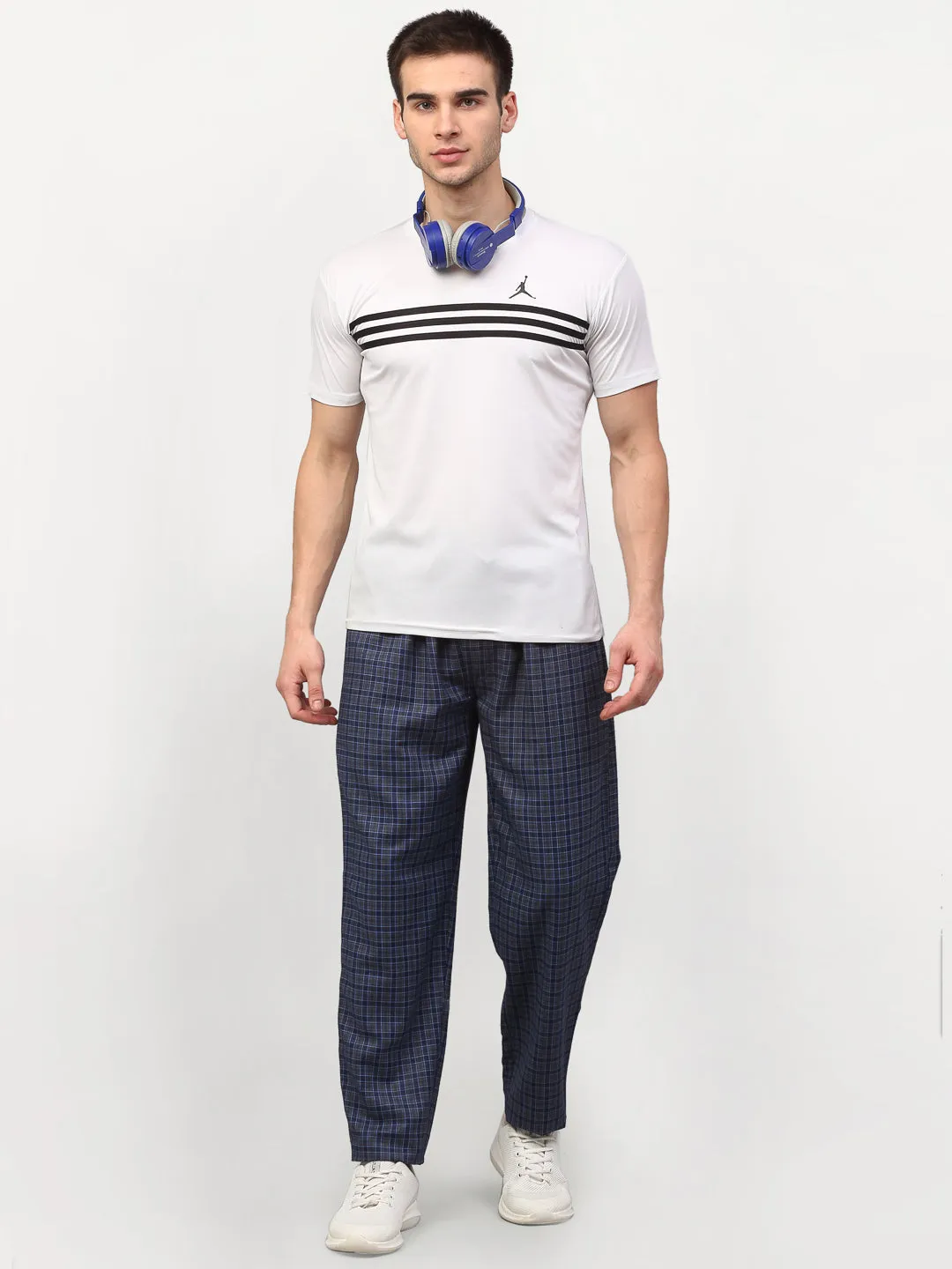 Men's Navy Blue Cotton Checked Track Pants ( JOG 017Navy-Grey ) - Jainish