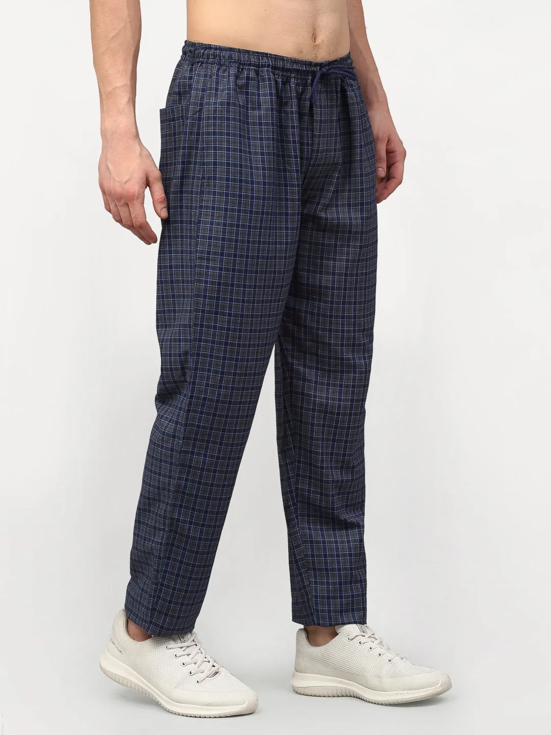 Men's Navy Blue Cotton Checked Track Pants ( JOG 017Navy-Grey ) - Jainish