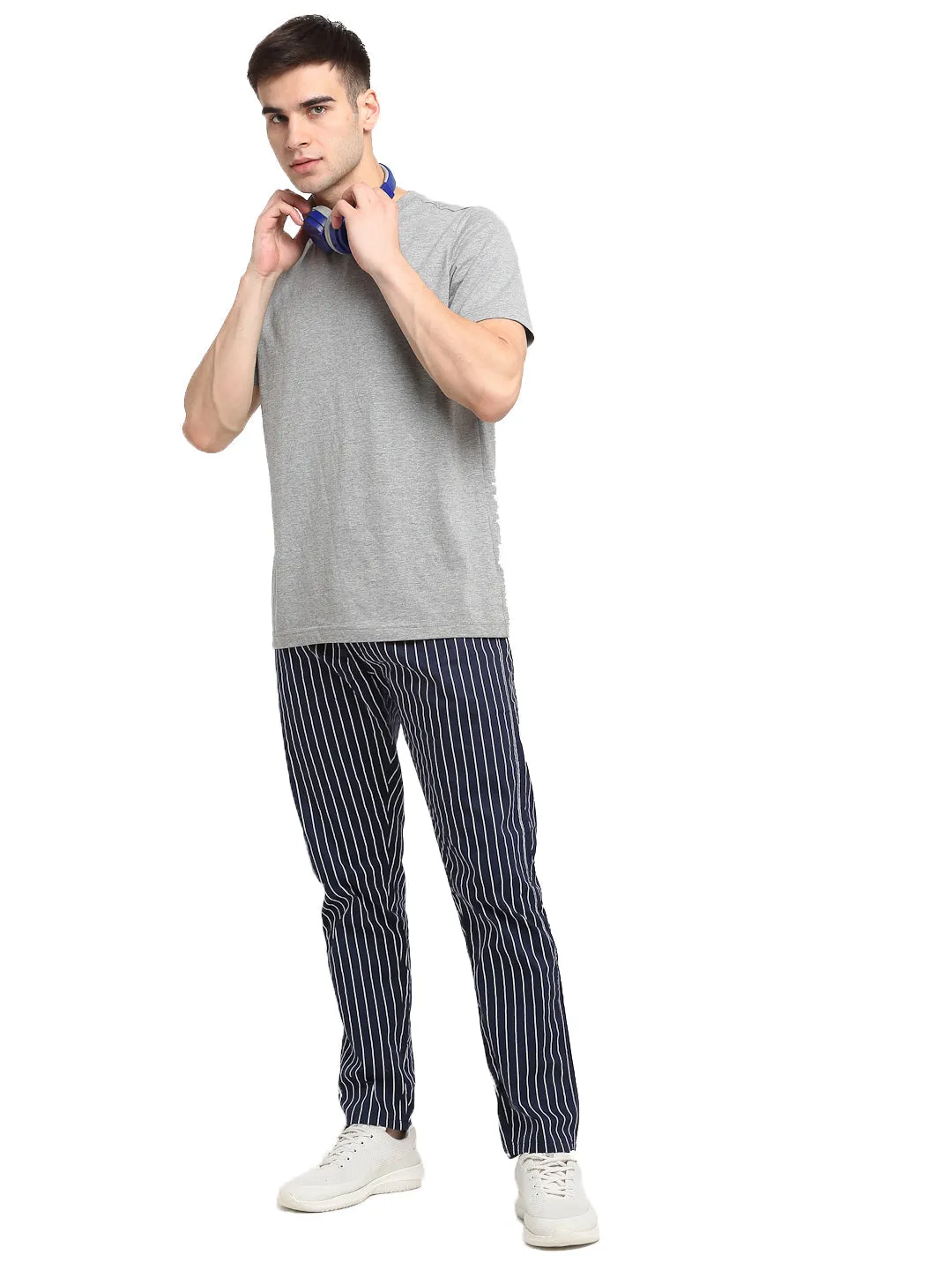 Men's Navy Blue Cotton Striped Track Pants ( JOG 020Navy ) - Jainish