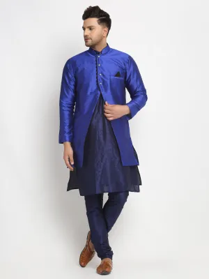 Men's Navy Blue Kurta With Pyjama & Royal Blue Self Design Jacket - Benstoke