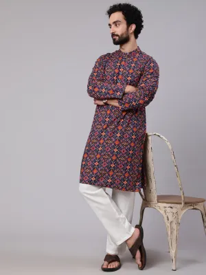 Men's Navy Blue Patola Print Long Kurta - Aks Men