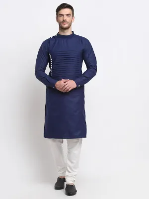 Men's Navy Blue Pintuck Design Kurta With White Churidaar Pyjama - Benstoke