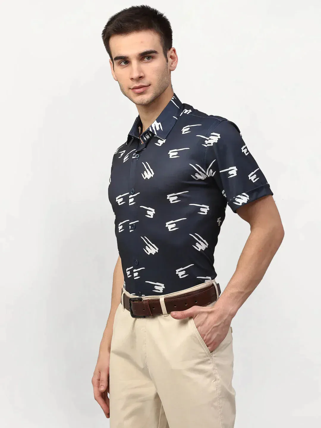 Men's Navy Blue Printed Lycra Half Sleeves Formal Shirts - Taantav