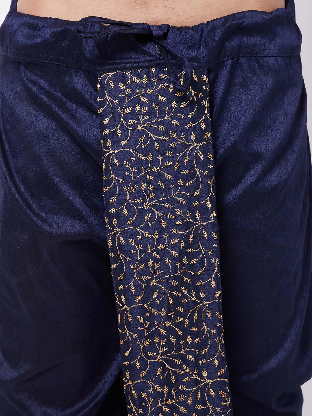 Men's Navy Blue Silk Blend Embroidered Dhoti - Vastramay