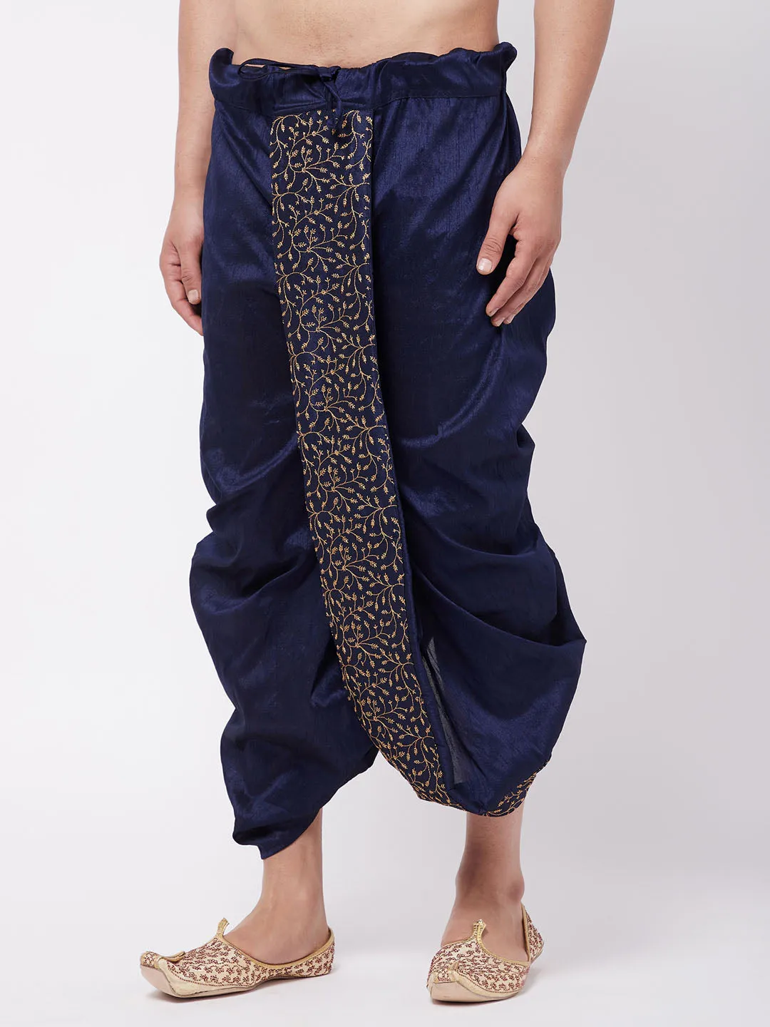 Men's Navy Blue Silk Blend Embroidered Dhoti - Vastramay