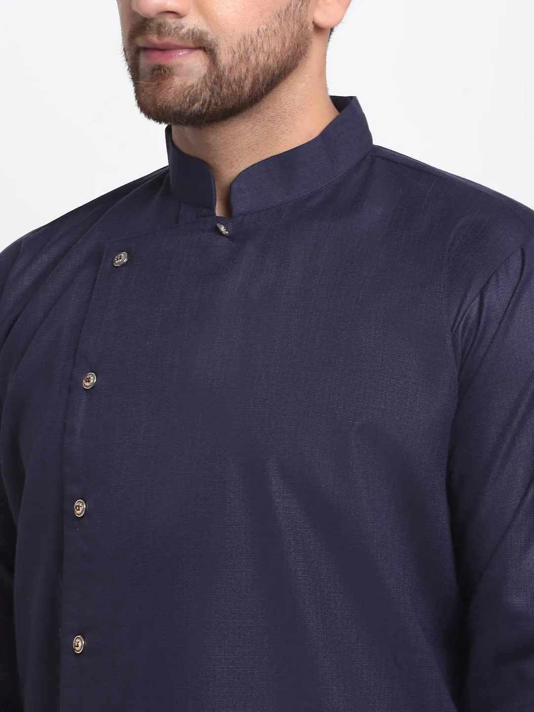 Men's Navy Blue Solid Angrakha Kurta With White Churidaar Pyjama - Benstoke