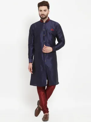 Men's Navy Blue Solid Kurta With Maroon Churidaar Pyjama Set - Benstoke