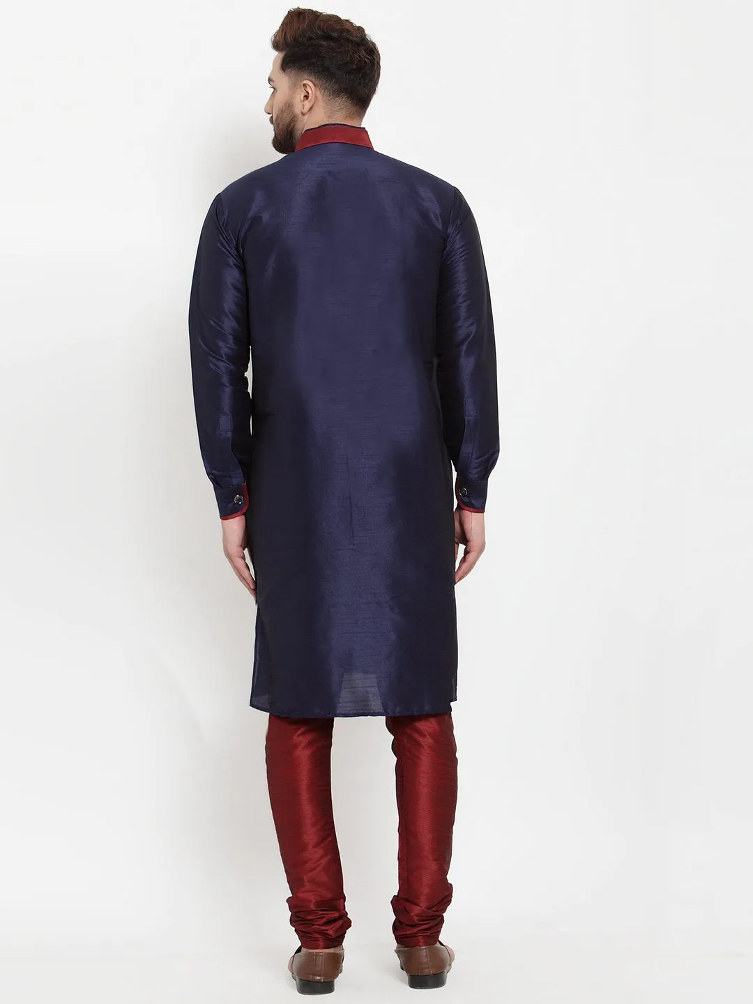 Men's Navy Blue Solid Kurta With Maroon Churidaar Pyjama Set - Benstoke