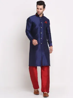 Men's Navy Blue Solid Kurta With Maroon Pyjamas Set - Benstoke