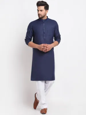 Men's Navy Blue Solid Kurta With White Salwar - Benstoke