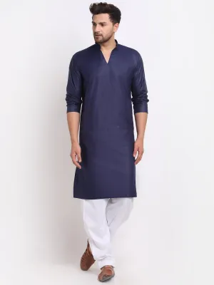 Men's Navy Blue Solid Pathani Kurta With White Salwar - Benstoke