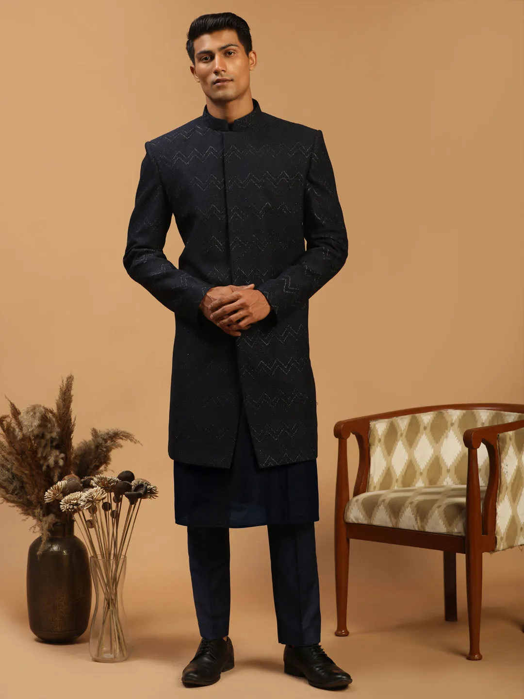 Men's Navy Blue Viscose Sherwani Set - Shrestha By Vastramay