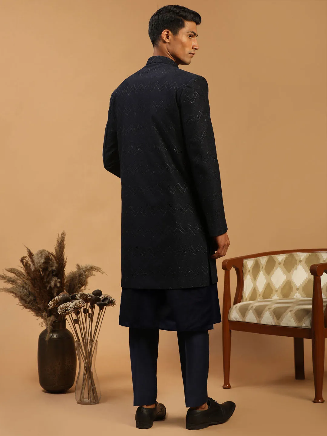 Men's Navy Blue Viscose Sherwani Set - Shrestha By Vastramay