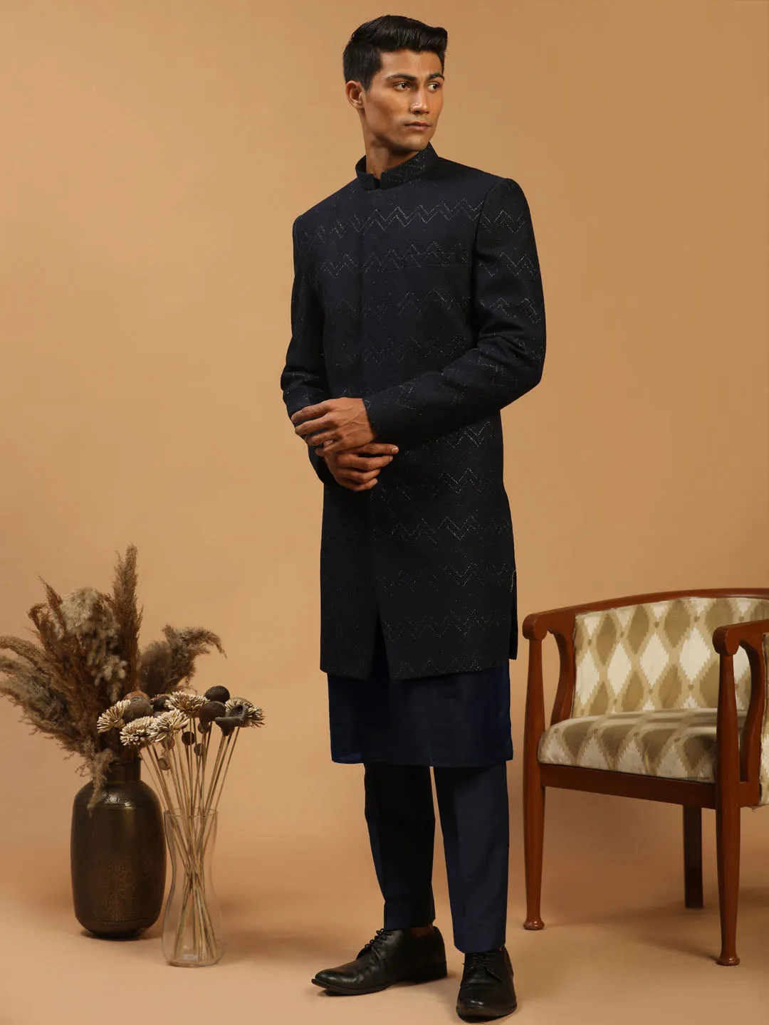 Men's Navy Blue Viscose Sherwani Set - Shrestha By Vastramay