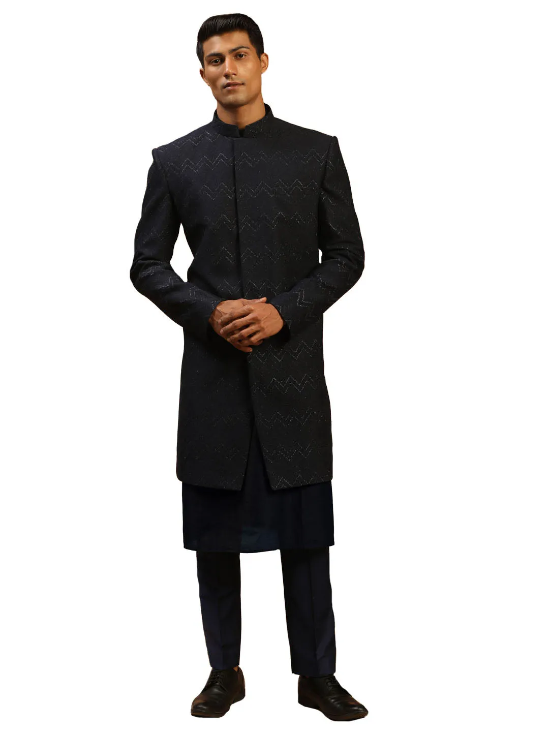 Men's Navy Blue Viscose Sherwani Set - Shrestha By Vastramay