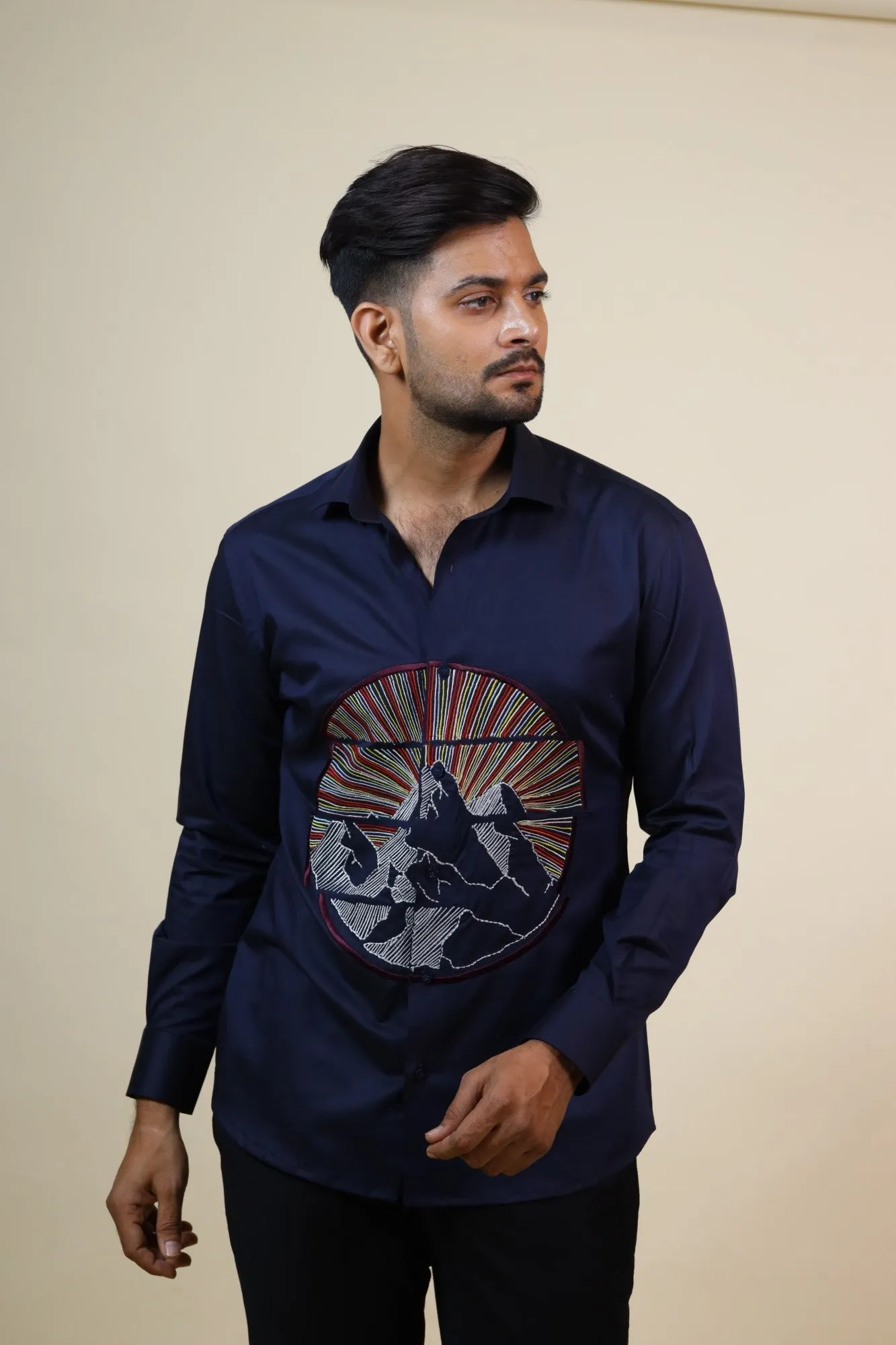 Men's Navy Color Keitha Designer Mountain Embroidered Shirt Full Sleeves Casual Shirt - Hilo Design