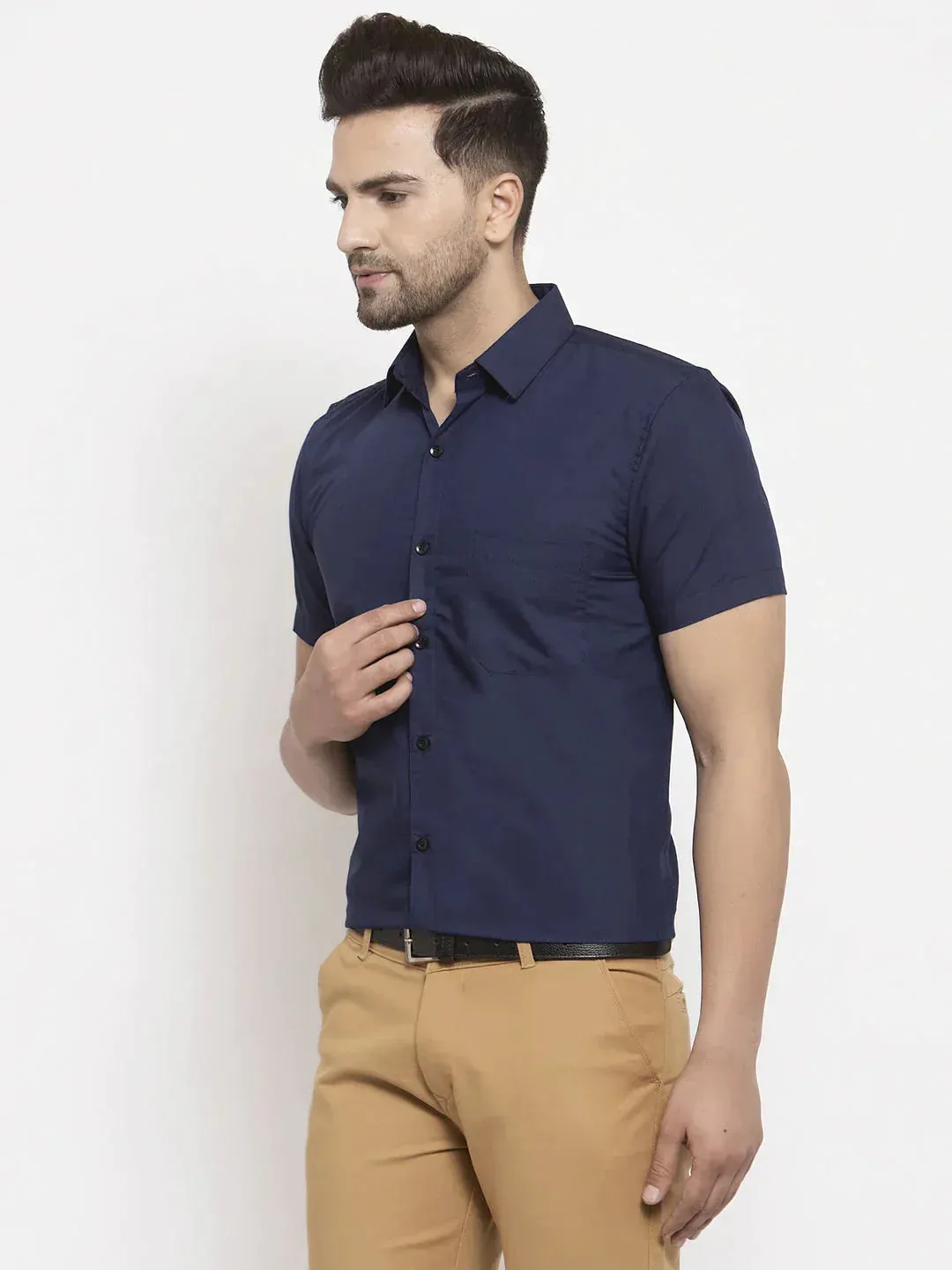 Men's Navy Cotton Half Sleeves Solid Formal Shirts - Taantav