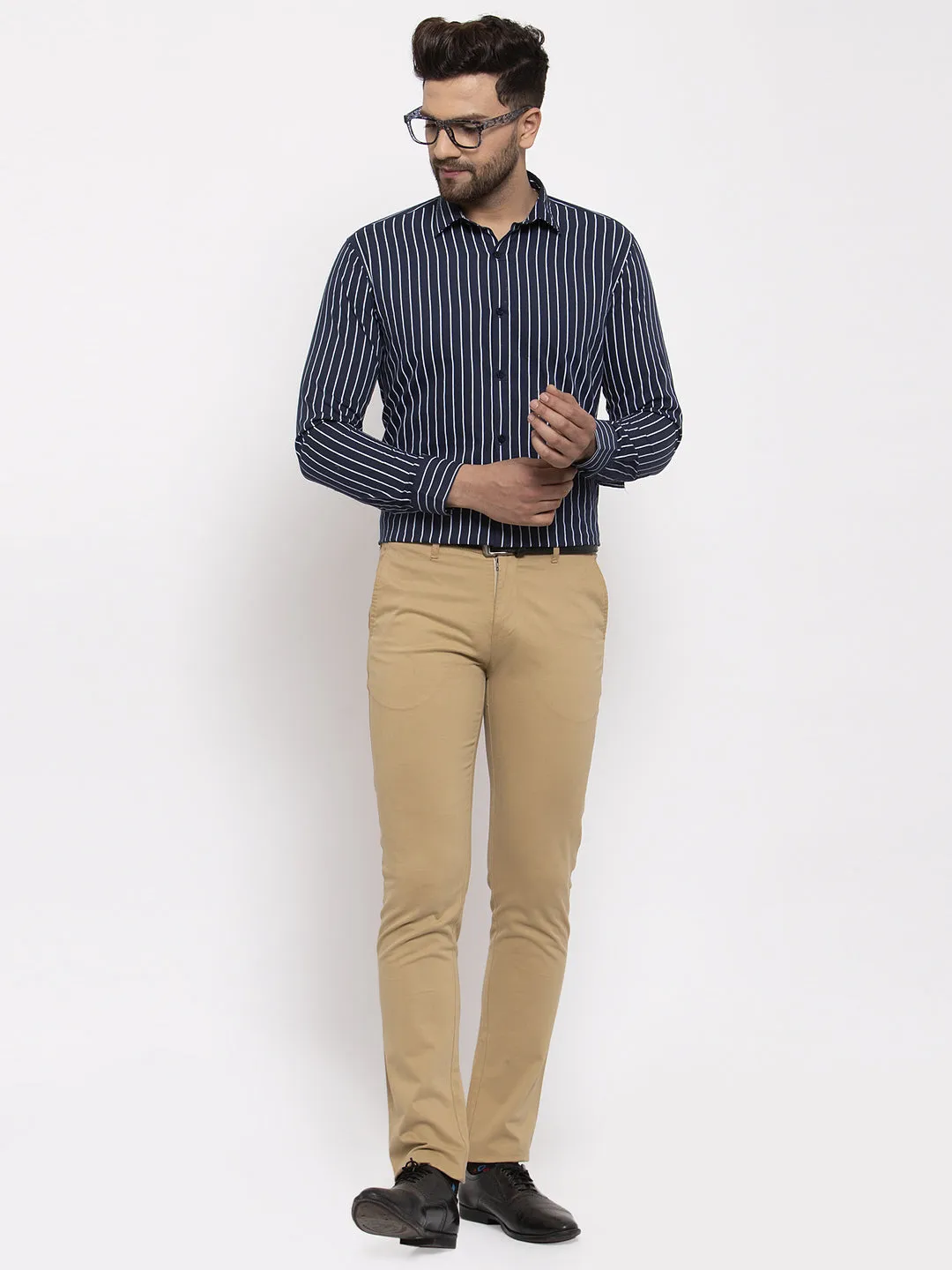 Men's Navy Cotton Striped Formal Shirt's ( SF 770Navy ) - Jainish