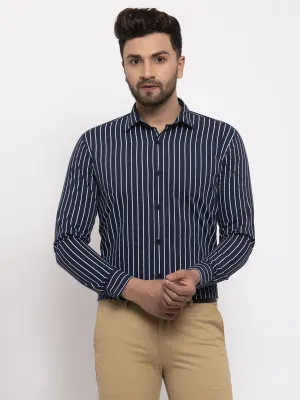 Men's Navy Cotton Striped Formal Shirt's ( SF 770Navy ) - Jainish