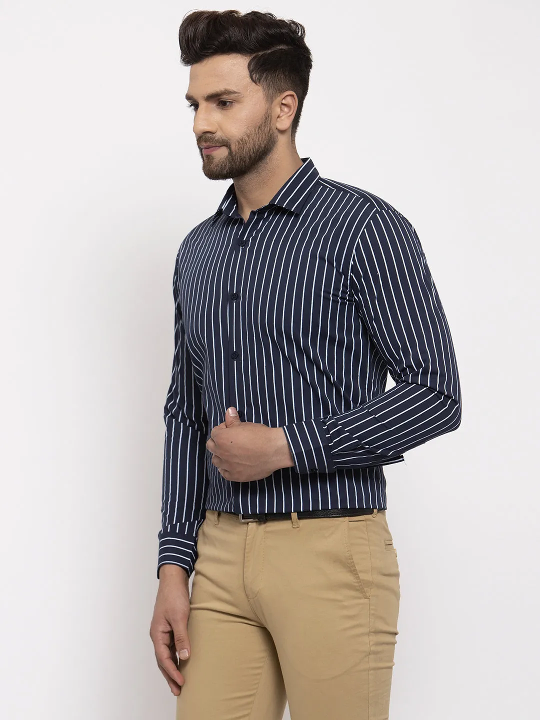 Men's Navy Cotton Striped Formal Shirt's ( SF 770Navy ) - Jainish