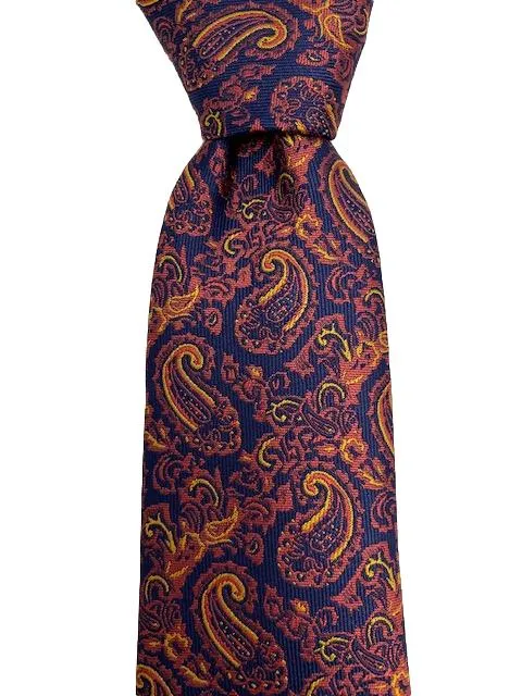 Men's Navy Tie with Burnt Red and Orange Paisley Design