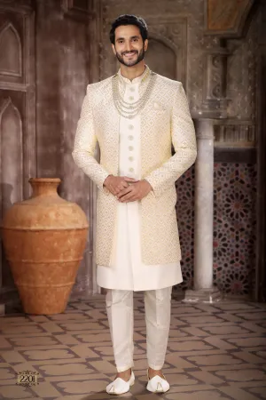 Men's Off White With Yellow Semi Indo-Western Sherwani