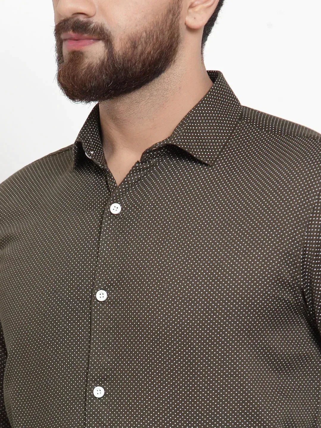 Men's Olive Cotton Polka Dots Formal Shirts - Taantav