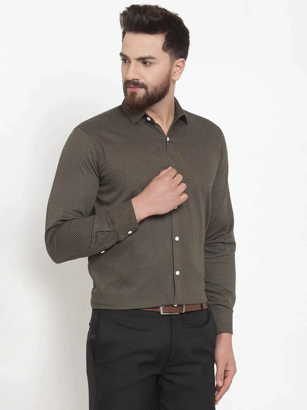 Men's Olive Cotton Polka Dots Formal Shirts - Taantav