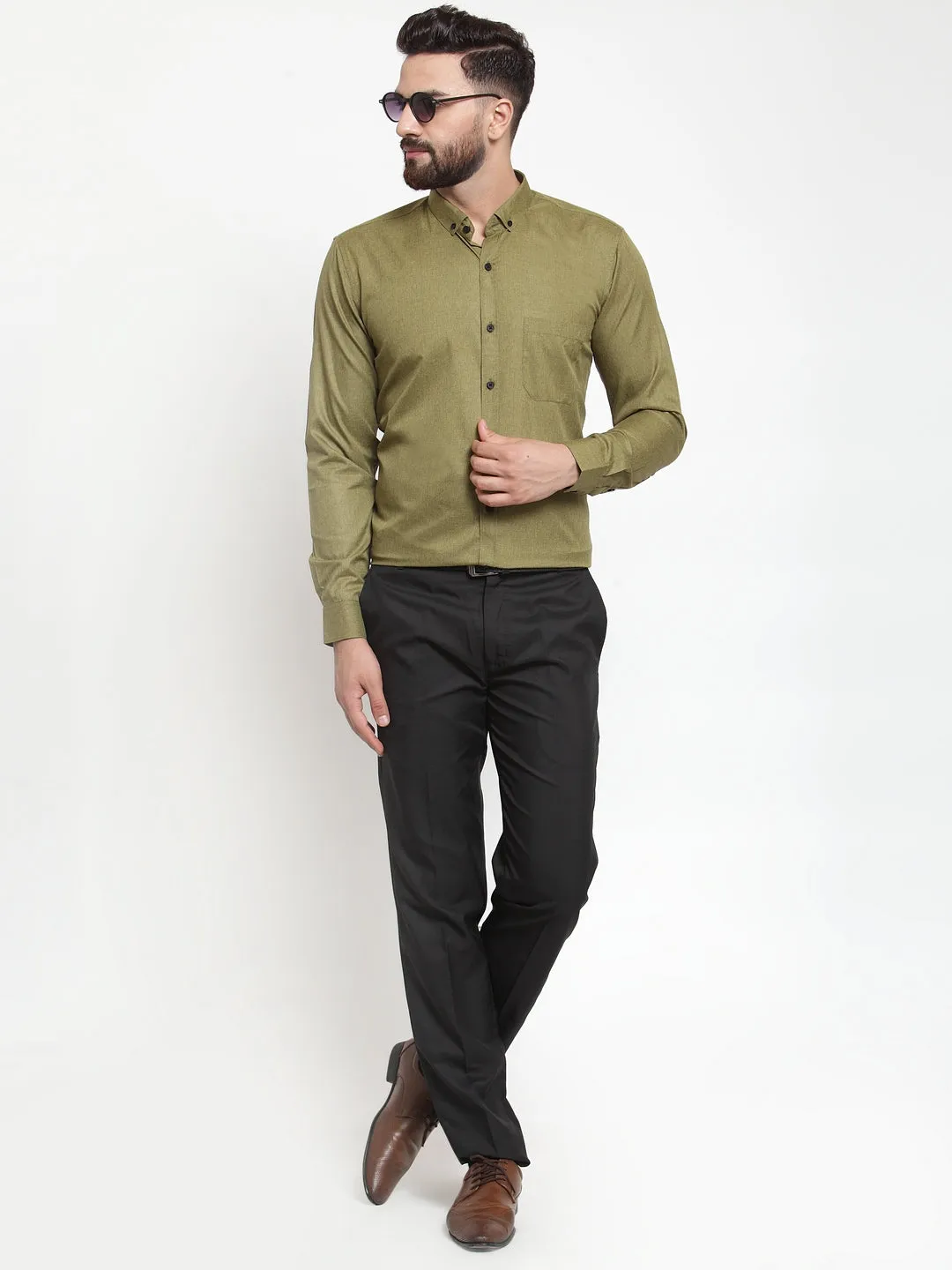 Men's Olive Cotton Solid Button Down Formal Shirts ( SF 734Olive ) - Jainish