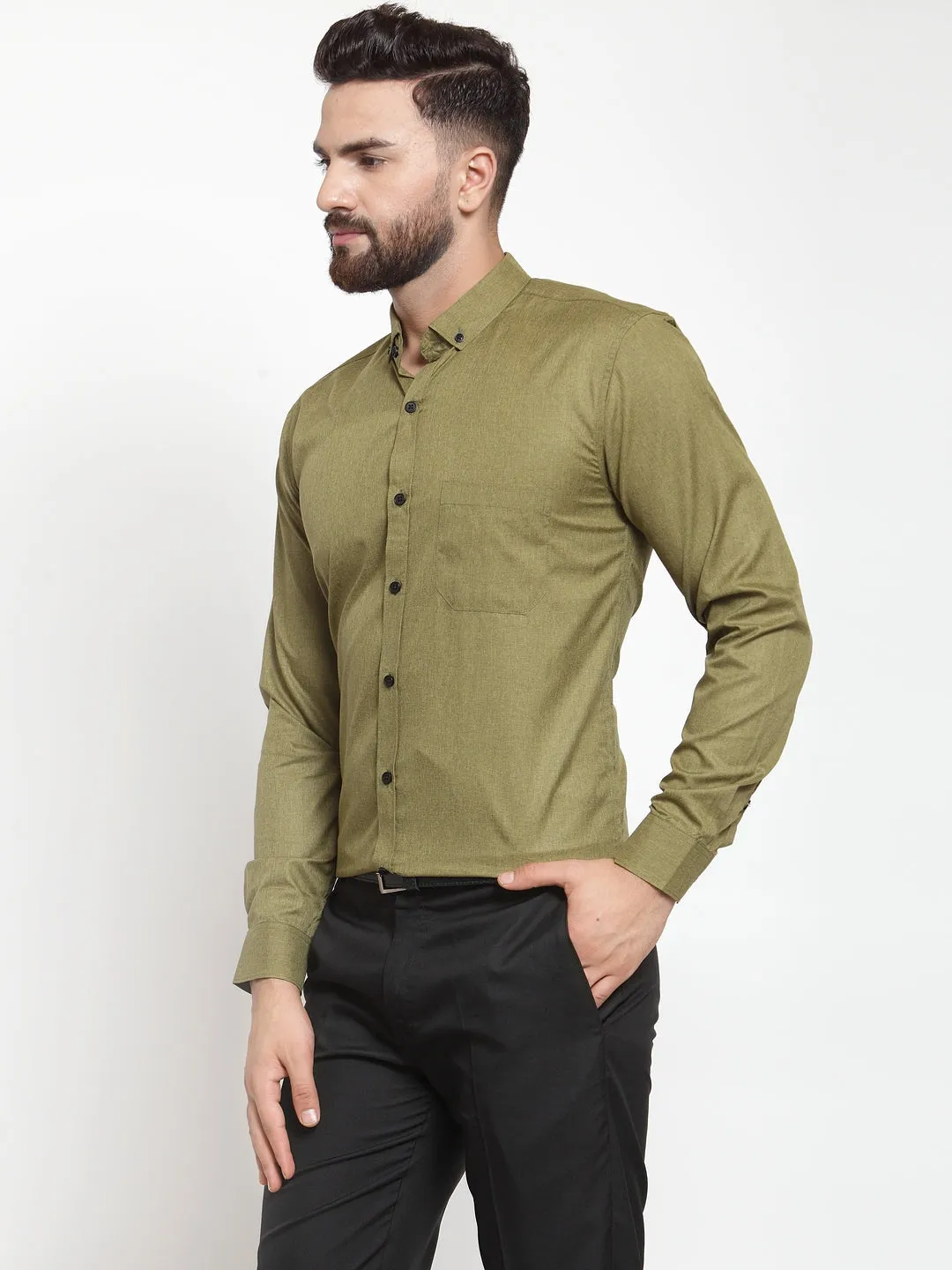 Men's Olive Cotton Solid Button Down Formal Shirts ( SF 734Olive ) - Jainish