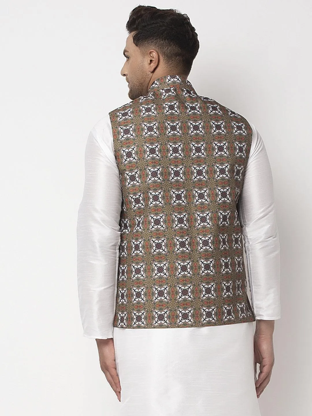 Men's Olive Green & White Printed Nehru Jacket - Benstoke