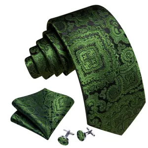 Men's Olive Green Paisley 100% Silk Neck Tie With Matching Hanky And Cufflinks Set