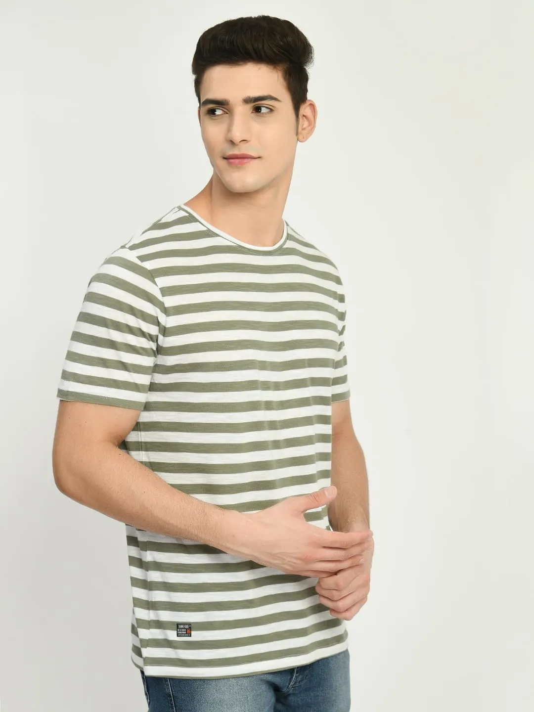 Men's Olive White Striped T-Shirt