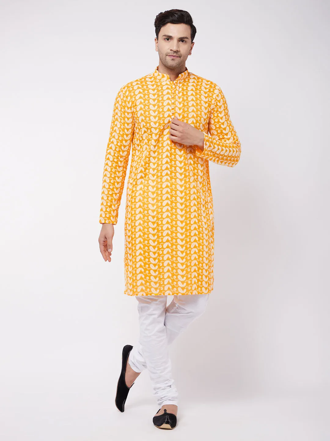 Men's Orange And White Pure Cotton Kurta Pyjama Set - Vastramay