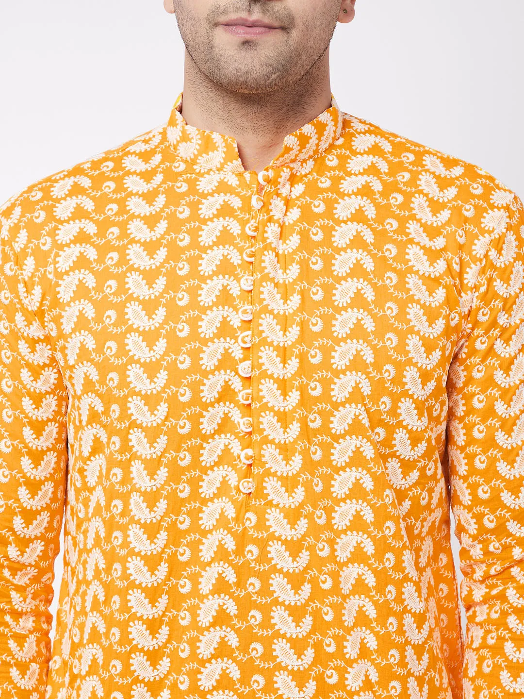 Men's Orange And White Pure Cotton Kurta Pyjama Set - Vastramay