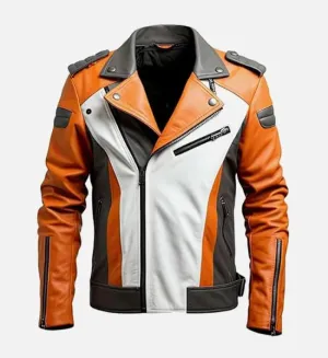 Men's Orange White Biker Leather Jacket