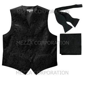 Men's paisley Tuxedo VEST Waistcoat_self tie bowtie & hankie set black