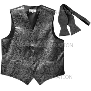 Men's paisley Tuxedo VEST Waistcoat_self tie bowtie dark gray