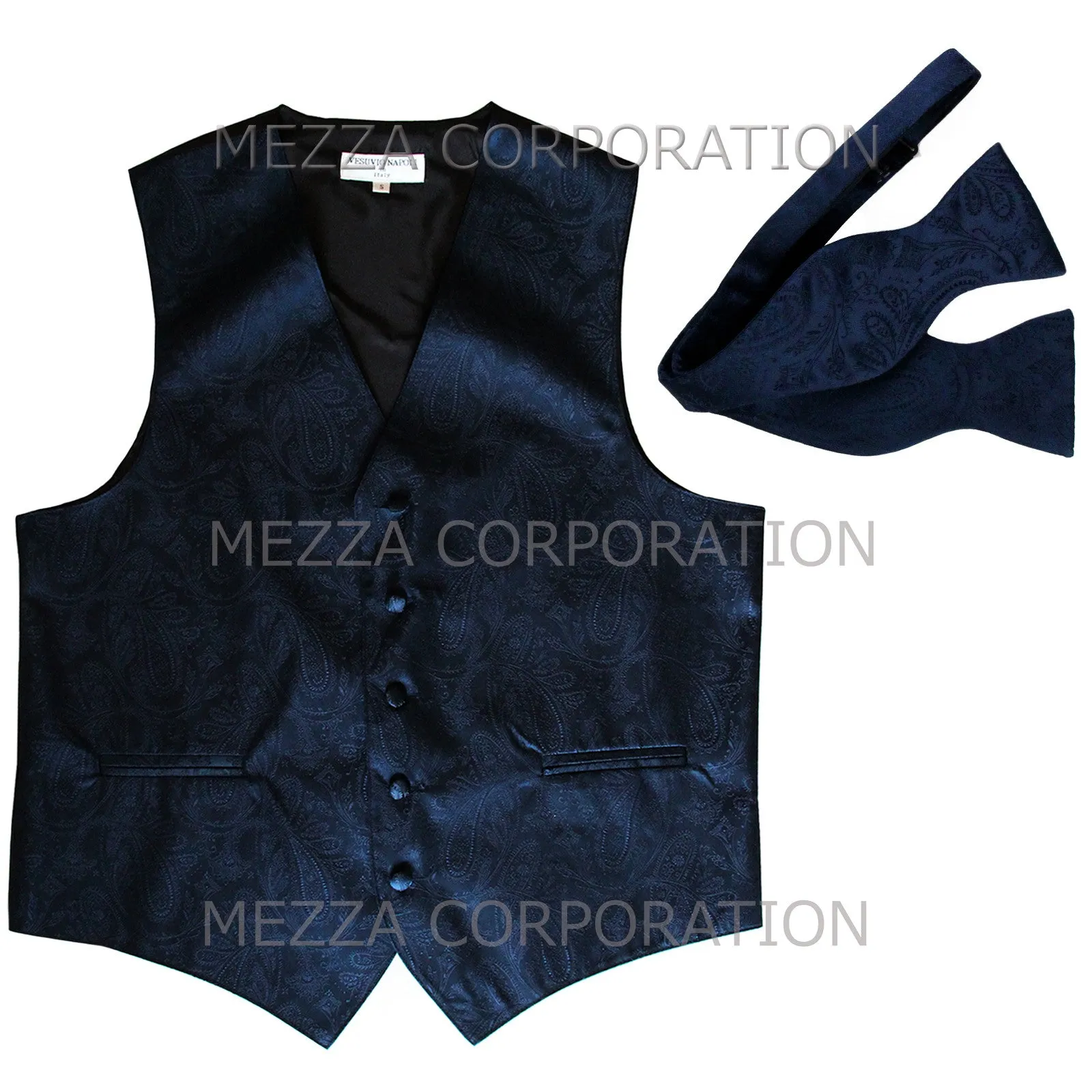 Men's paisley Tuxedo VEST Waistcoat_self tie bowtie navy blue