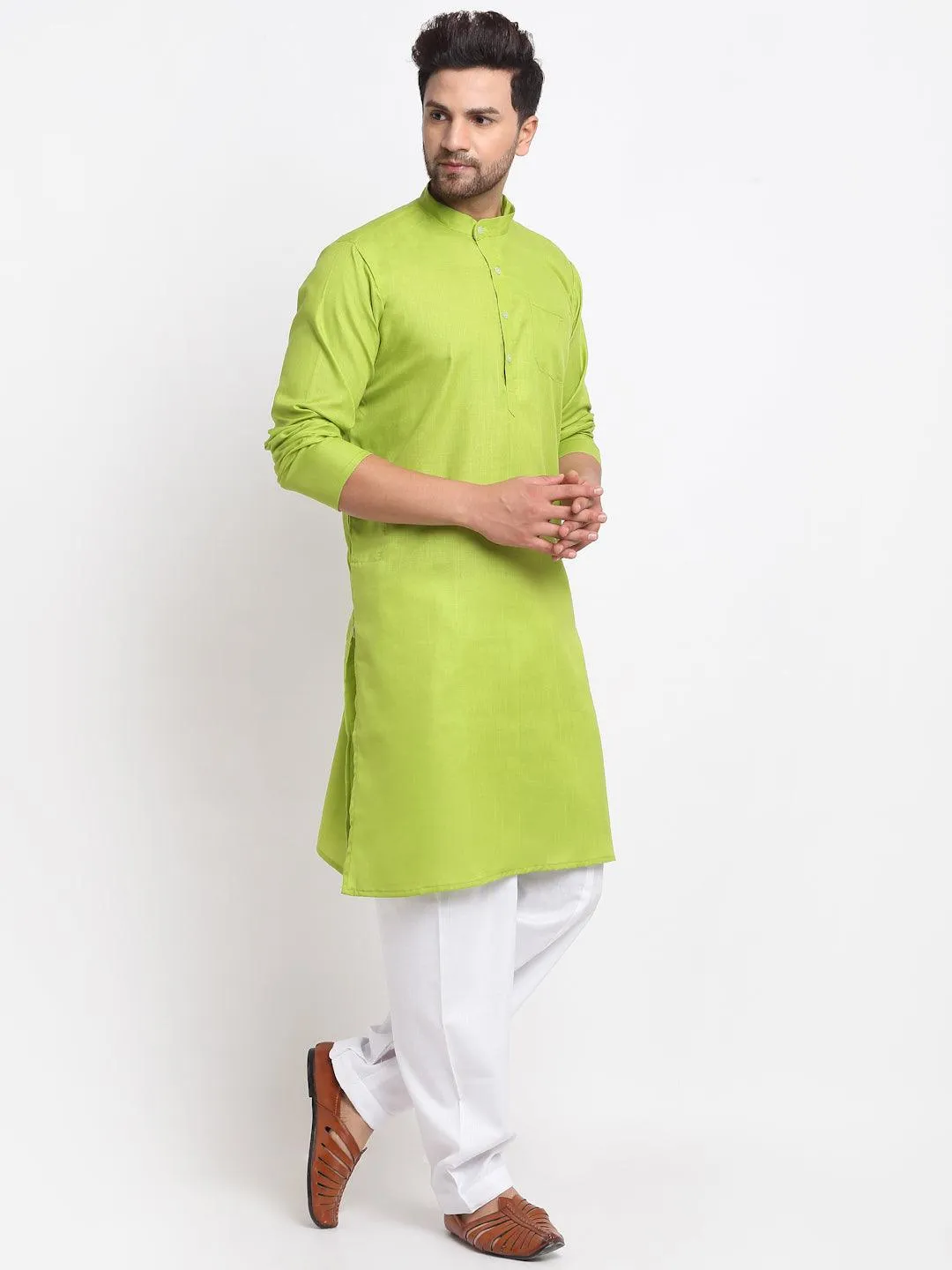 Men's Parrot Green Solid Kurta With White Salwar - Benstoke