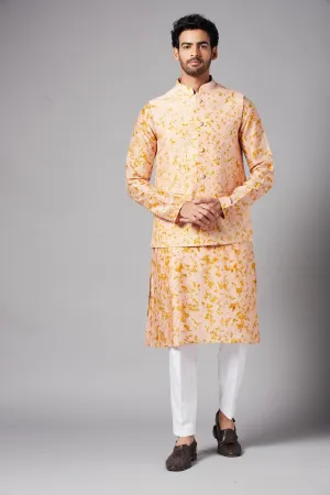 Men's Peach Color Nehru Jacket With Kurta Pant Set - Hilo Design