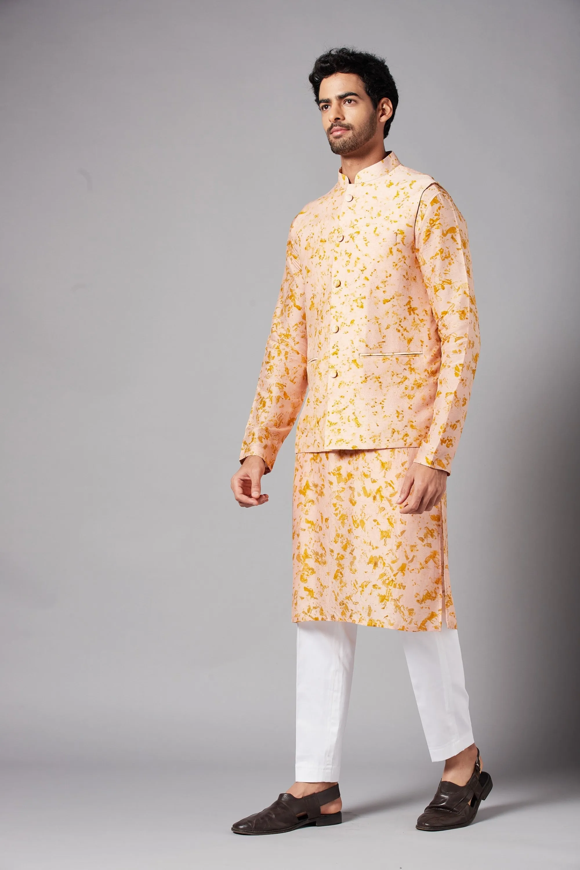 Men's Peach Color Nehru Jacket With Kurta Pant Set - Hilo Design