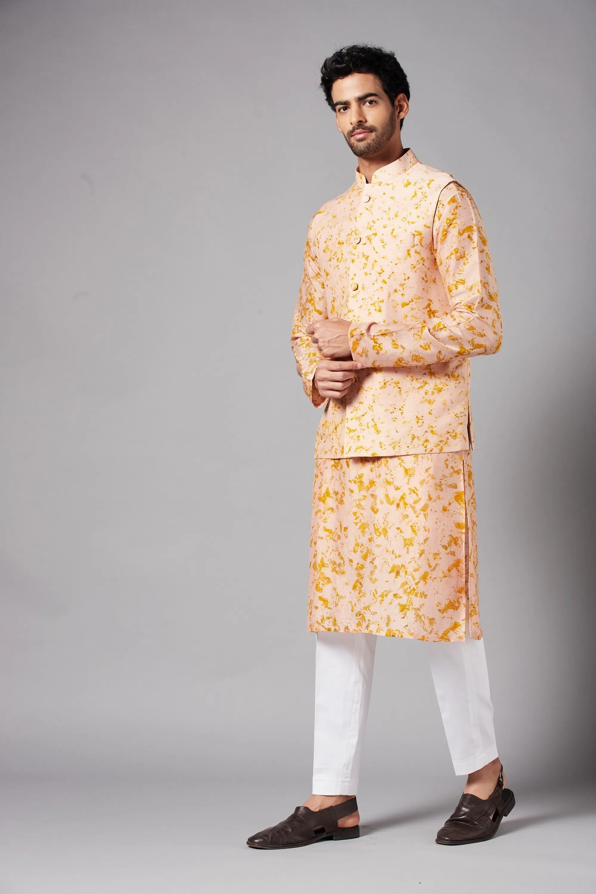 Men's Peach Color Nehru Jacket With Kurta Pant Set - Hilo Design