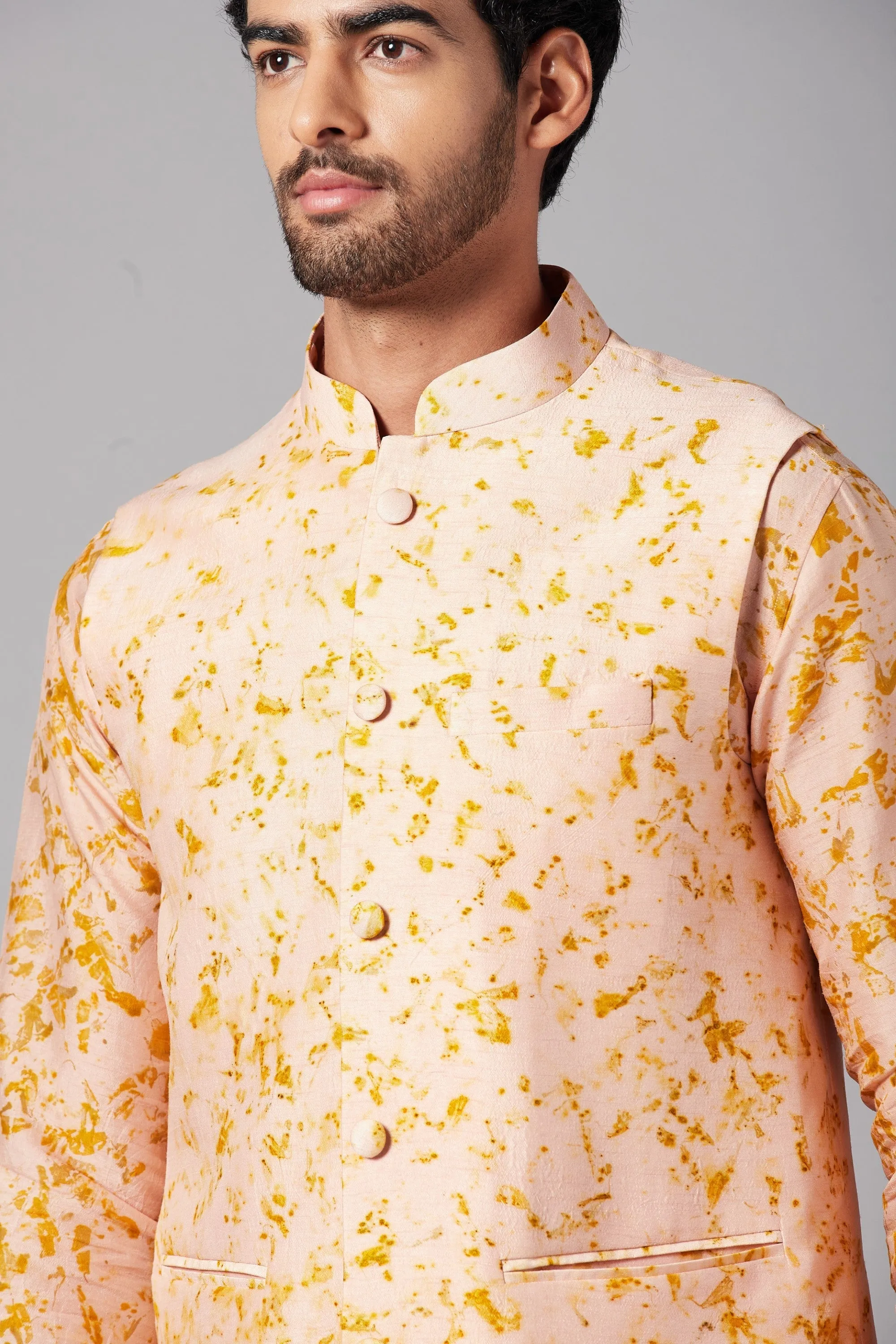 Men's Peach Color Nehru Jacket With Kurta Pant Set - Hilo Design