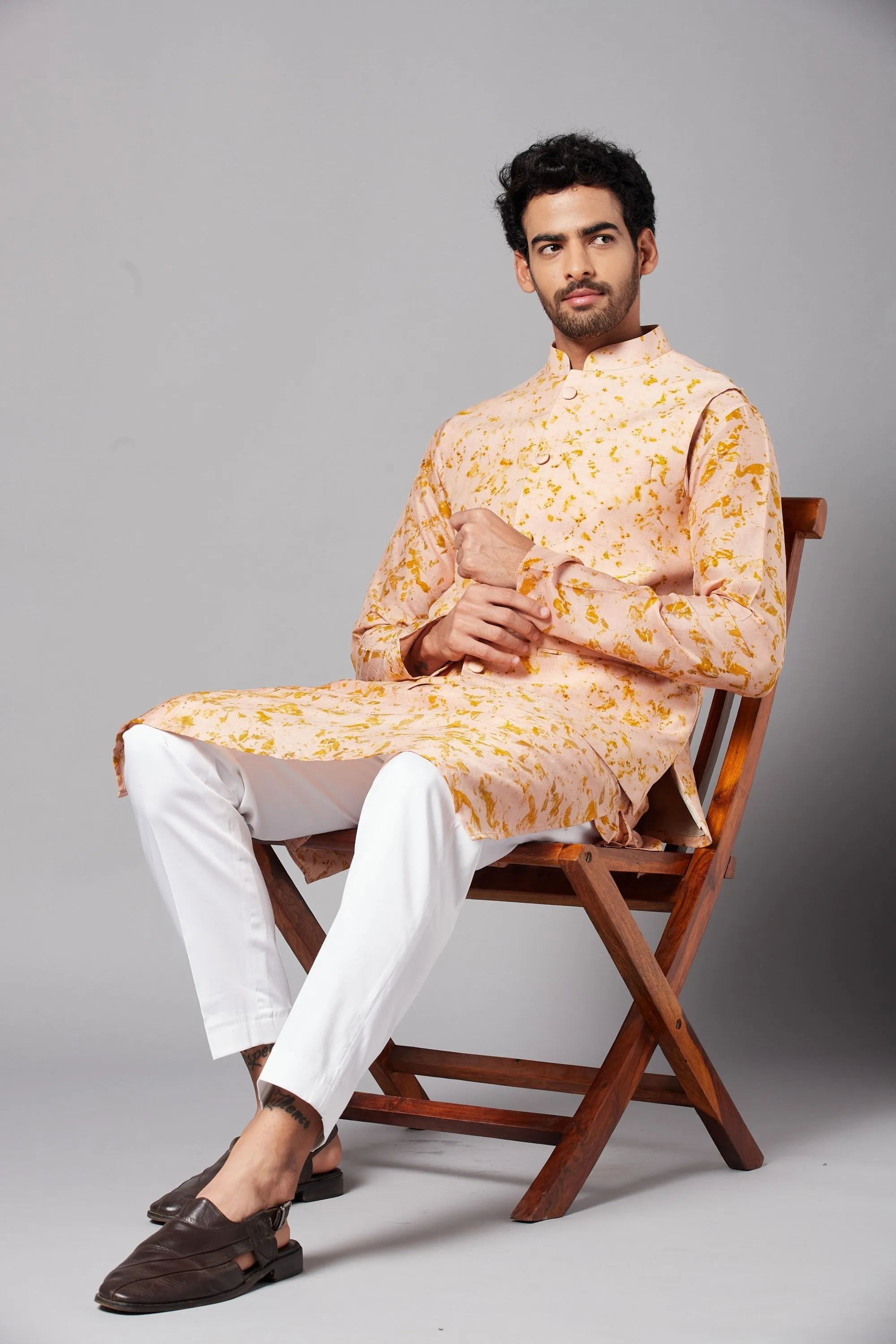 Men's Peach Color Nehru Jacket With Kurta Pant Set - Hilo Design