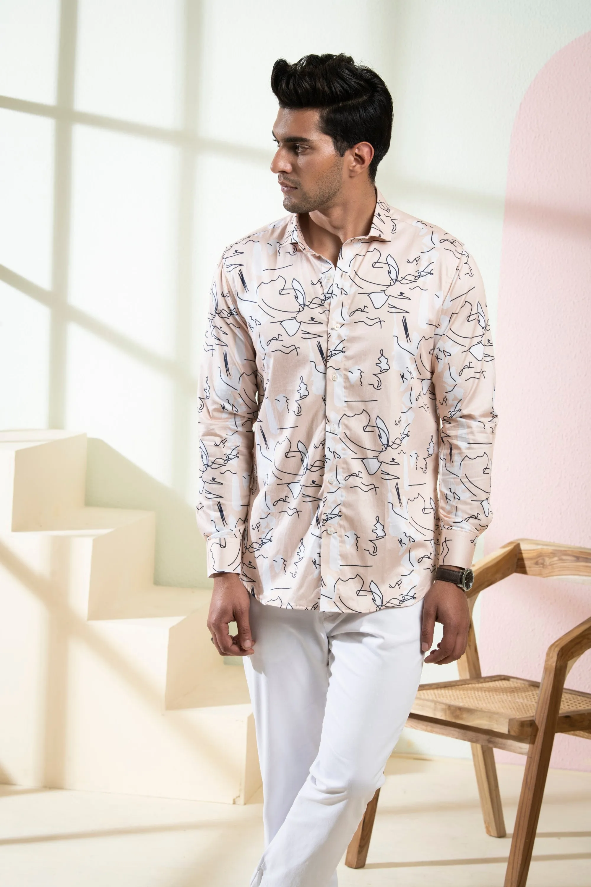 Men's Peach Color Veined Full Sleeves Shirt - Hilo Design